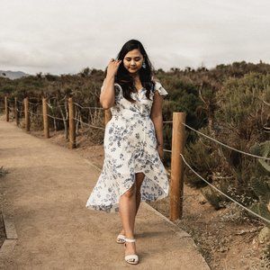 BCX Blue White Floral-Print High-Low Dress